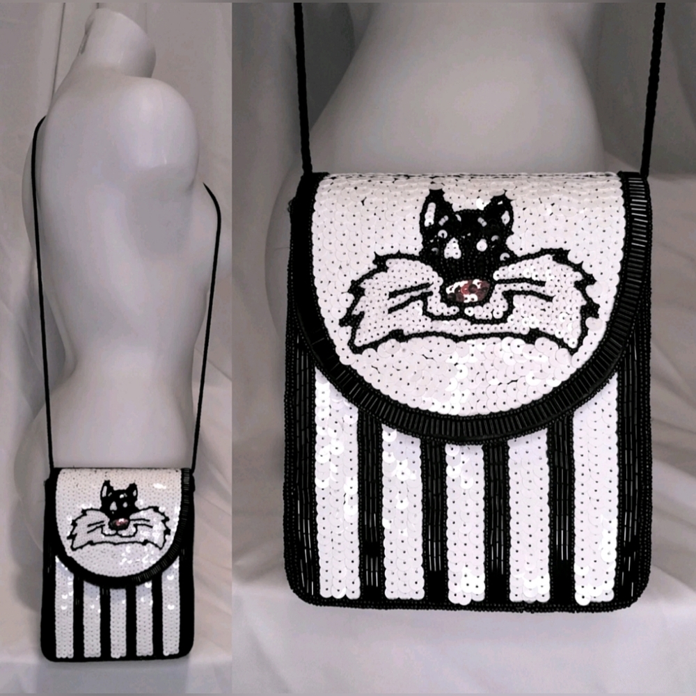 Vintage Whitall & Shon Sylvester The Cat Black Beaded Purse Crossbody Bag